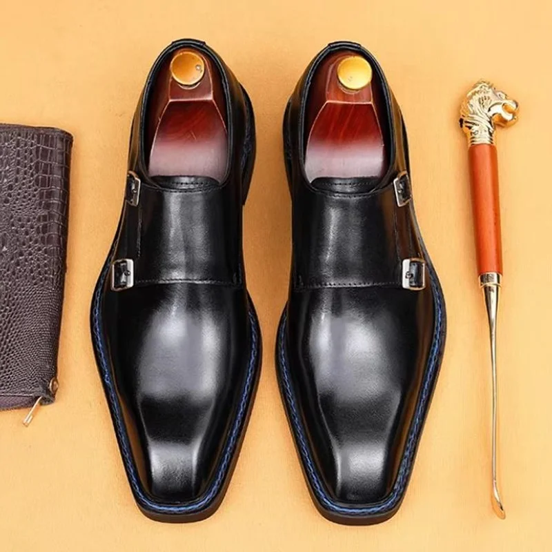 Hochwertige Herrenschuhe aus Rindsleder mit quadratischer Zehenpartie, Doppel-Monk-Strap-Schuhe, Herren-Anzugschuhe, Slip-On Business-Formelle Schuhe