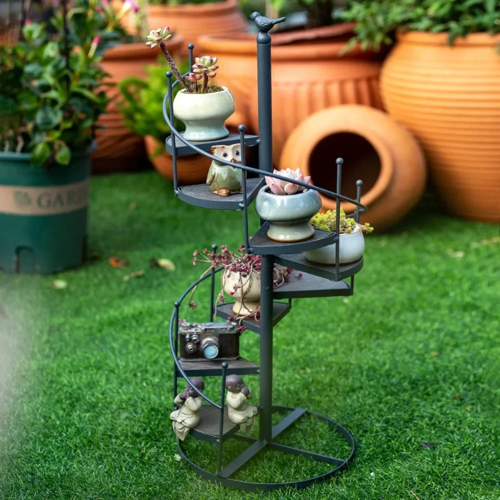 Moderner dekorativer Pflanzenständer aus Eisen, Pflanzen, Sukkulentenregal, 8-lagige Treppenform, Desktop-Garten-Blumenständer + Holzplatte Image