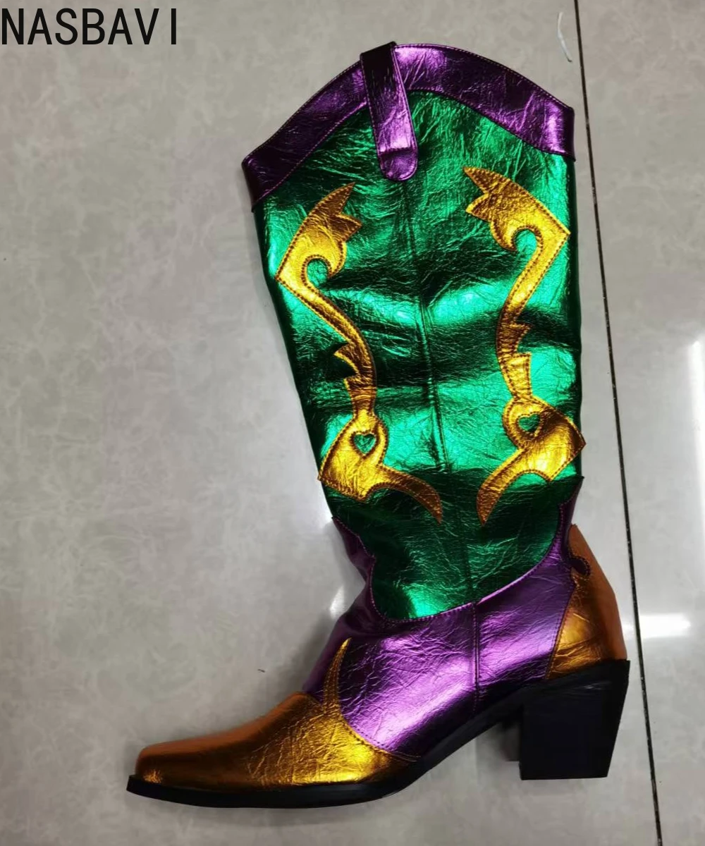 Damen-Westernstiefel aus metallischem Leder, 2026, neue klobige, hochhackige Stiefel mit mittlerer Wade, Vintage-Cowgirl-Cowboystiefel, Winterschuhe