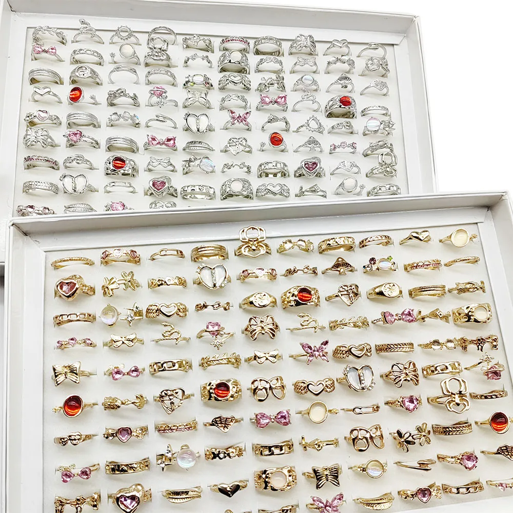 50 Stück/Los Luxuriöse Gemischte Stile Strass-Schleife Liebes-Fingerringe für Frauen Große Glänzende Runde Kristall-Blumen-Schmuckstücke Tier-Totenkopf-Engel Image
