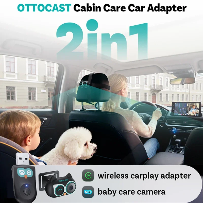 OTTOCAST Cabin Care Drahtloser CarPlay-Adapter 1080P HD Babyauto-Kamera 150 ° Weitwinkel-Nachtsicht-Rücksitzmonitor mit geteiltem Bildschirm Image