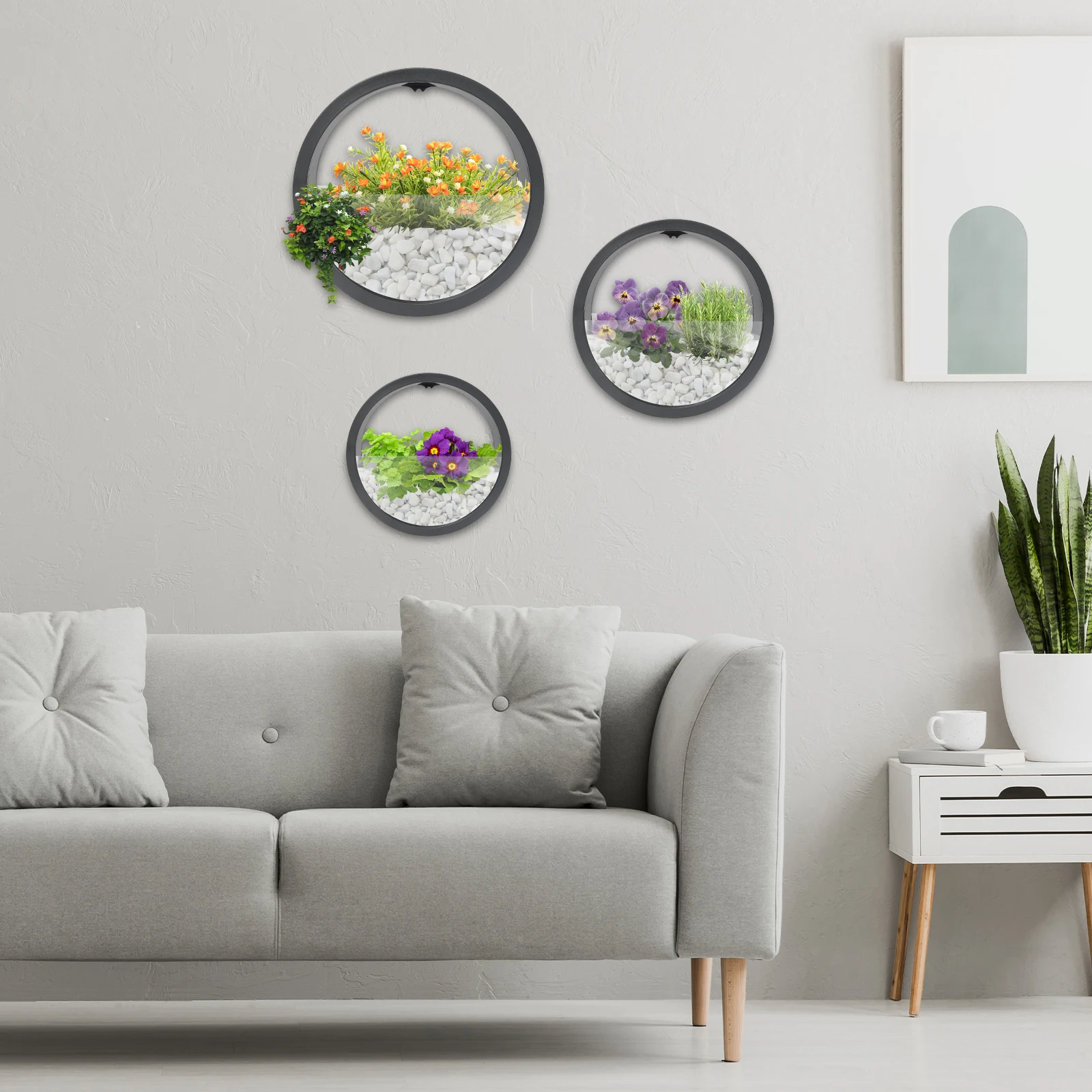 3-teiliges Rundes Hängepflanzgefäß-Set 28+23+18cm, ABS-Acryl-Pflanzgefäße für Außen- und Innenpflanzen, Hängender Blumentopf zur Wanddekoration Image