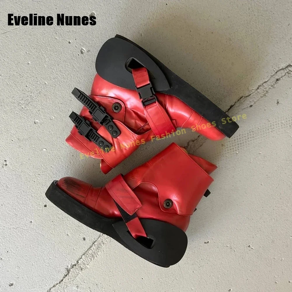Rote Motorradstiefel mit Klettverschluss und Schnallenverzierung für Damen, mittelhohe Stiefel im Punk- und Dark-Club-Stil, 2026, Paar-Schuhe, Neueste Kollektion