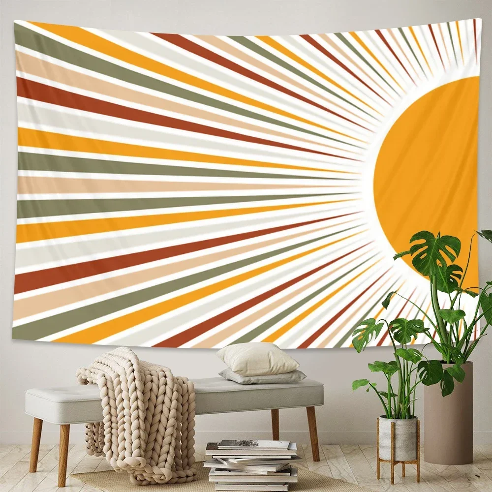 1 Vintage Boho Dekor Sonne und Mond Wandteppich Retro abstrakte Boho Wandbehang Hippie Meditation 70er Jahre Regenbogen Sonnenaufgang Sonnenuntergang Schlafzimmer Image