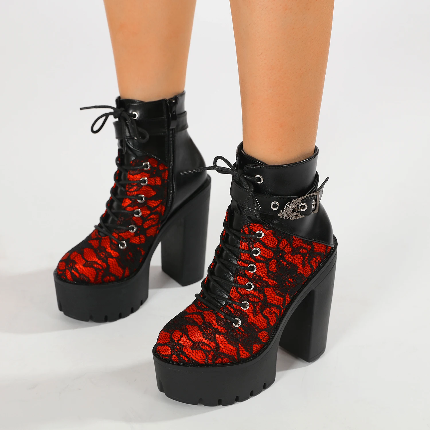 Gdgydh Gothic Vintage Rote High Heel Stiefeletten mit Plateausohle Knöchelriemen Damenstiefel für elegante Anlässe Cosplay Schuhe