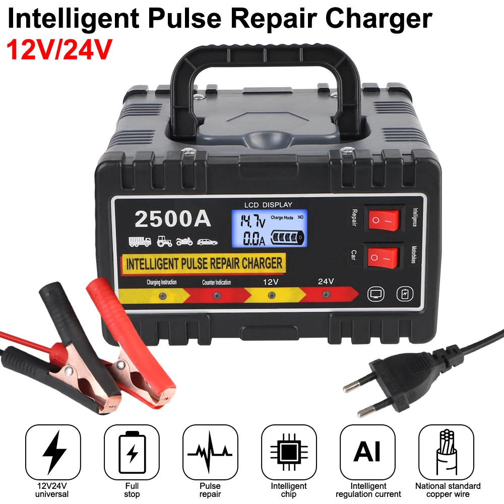 6A 24V, 8A 12V Auto Batterie Ladegerät Intelligente Puls Reparatur Blei-säure Batterie Ladegeräte Für Motorrad digitale LCD Display 220W Image