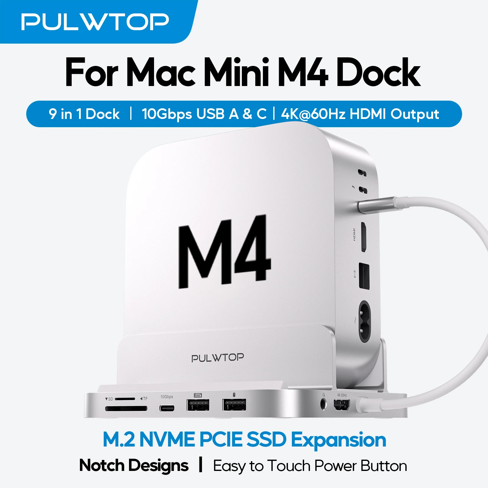 PULWTOP Mac Mini M4 Dock mit 4 TB M.2 SSD-Gehäuse und HD4K, USB-A/C 10 Gbit/s, SD/TF (SSD NICHT im Lieferumfang enthalten) für Mac Mini M4 Pro Image
