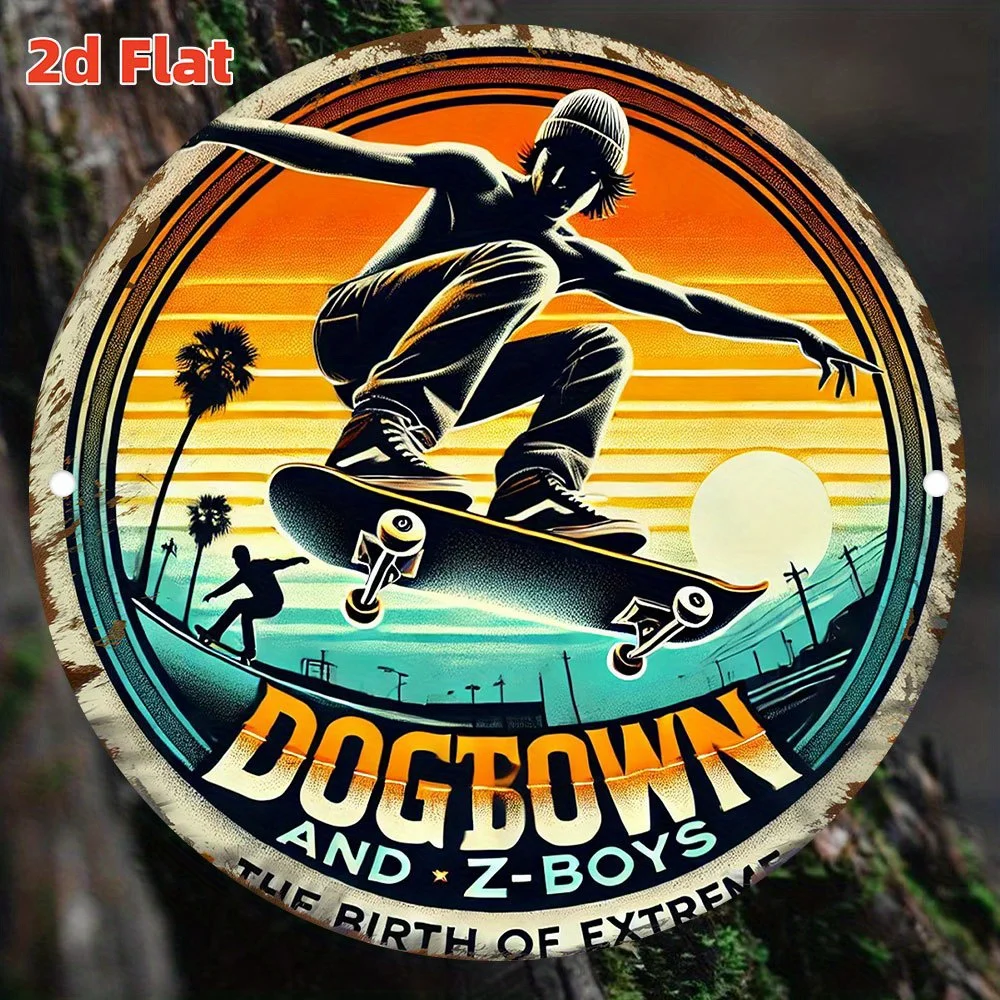 1 Stück 2D Flat Dogtown Z-Boys Vintage Skateboard Metallschild – 7,87 x 7,87 Zoll, langlebige Wanddekoration aus Eisen mit Palme und Sonnenuntergang Image