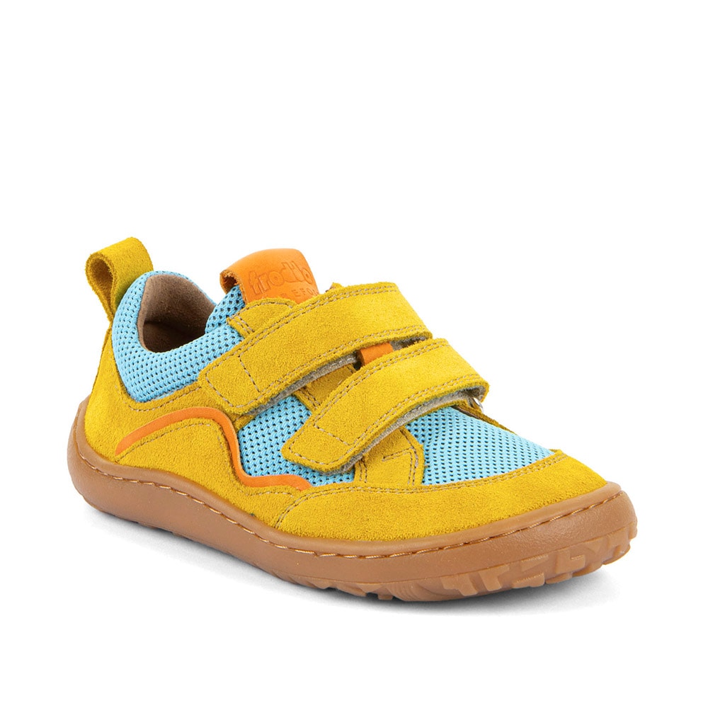 Sneaker FRODDO "Barefoot Base", Damen, Gr. 25, gelb (blau, gelb), Leder, Textil, colorblocking, Schuhe Sneaker, Klettschuh, Freizeitschuh, Barfußschuh mit Klettverschluss