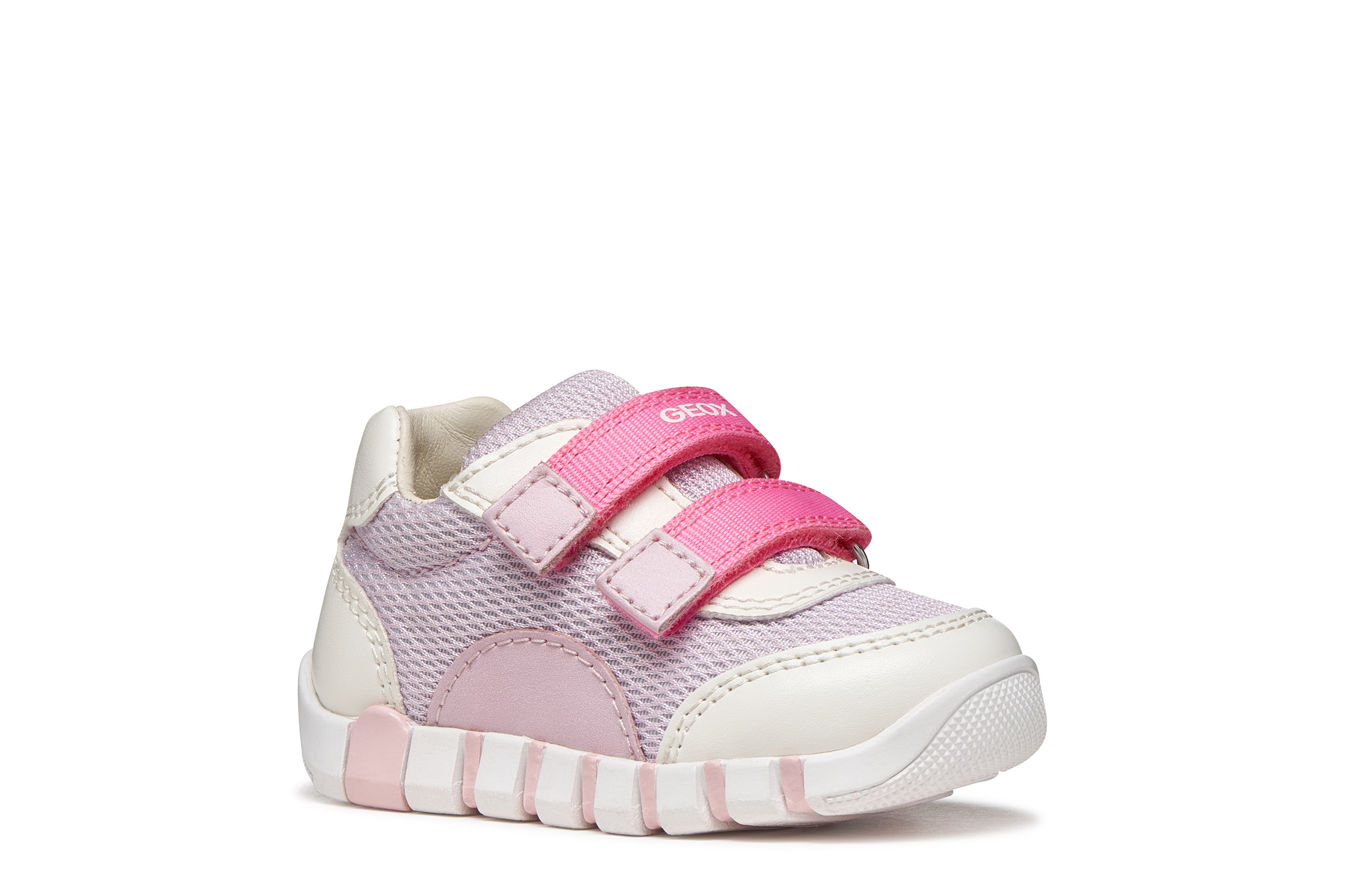 Lauflernschuh GEOX "B IUPIDOO GIRL", Baby, Gr. 22, lila, weiß, Lederimitat, Mesh, Mesh, kontrastfarbene Details, Schuhe Lauflernschuh, Babyschuh im Pastell-Look, Größenschablone zum Download