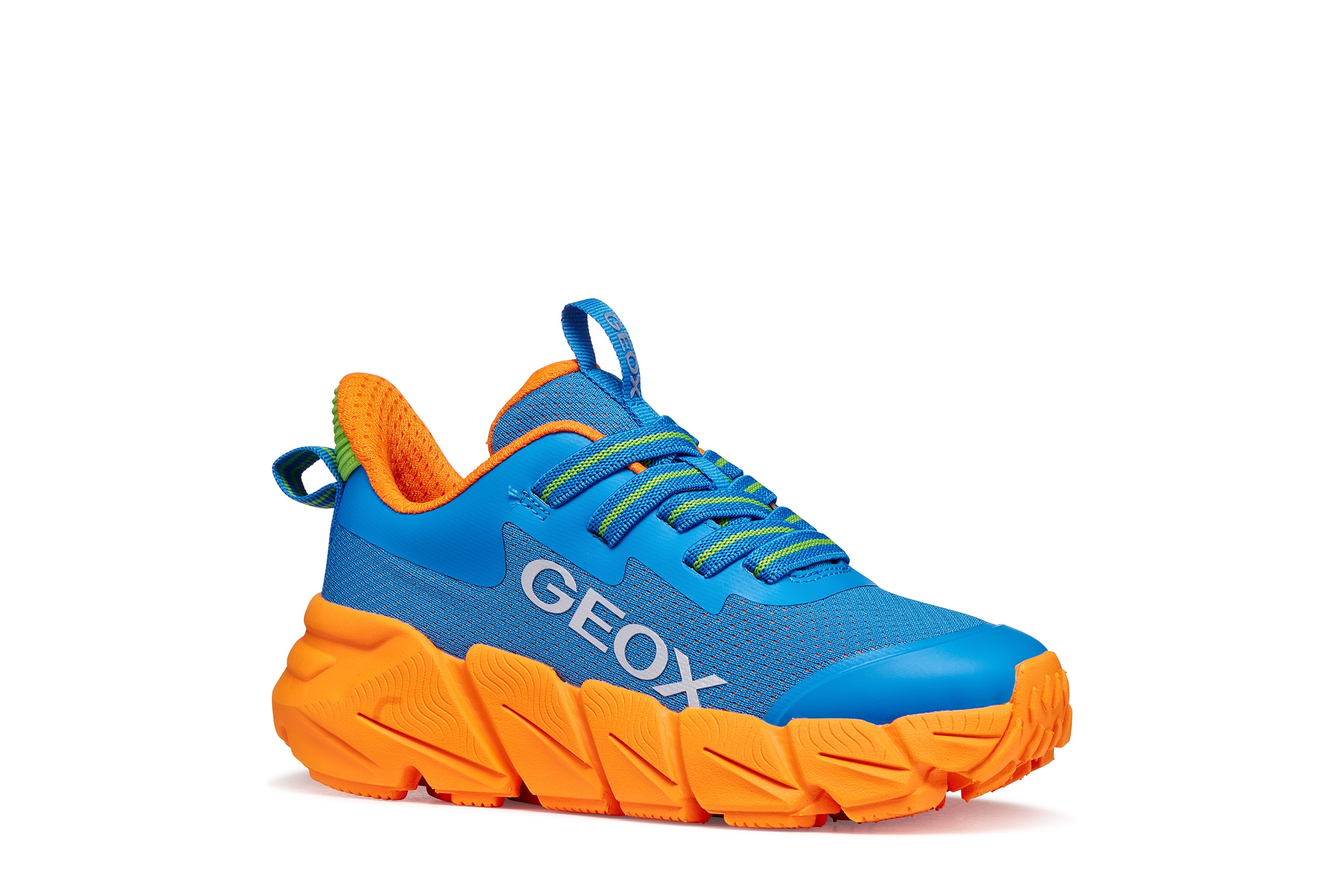 Sneaker GEOX "J FLEXYPER FAST BOY", Damen, Gr. 36, hellblau, orange, Lederimitat, Textil, Mesh, kontrastfarbene Details, Schuhe Sneaker, Slipper mit auffälliger Laufsohle, Größenschablone zum Download