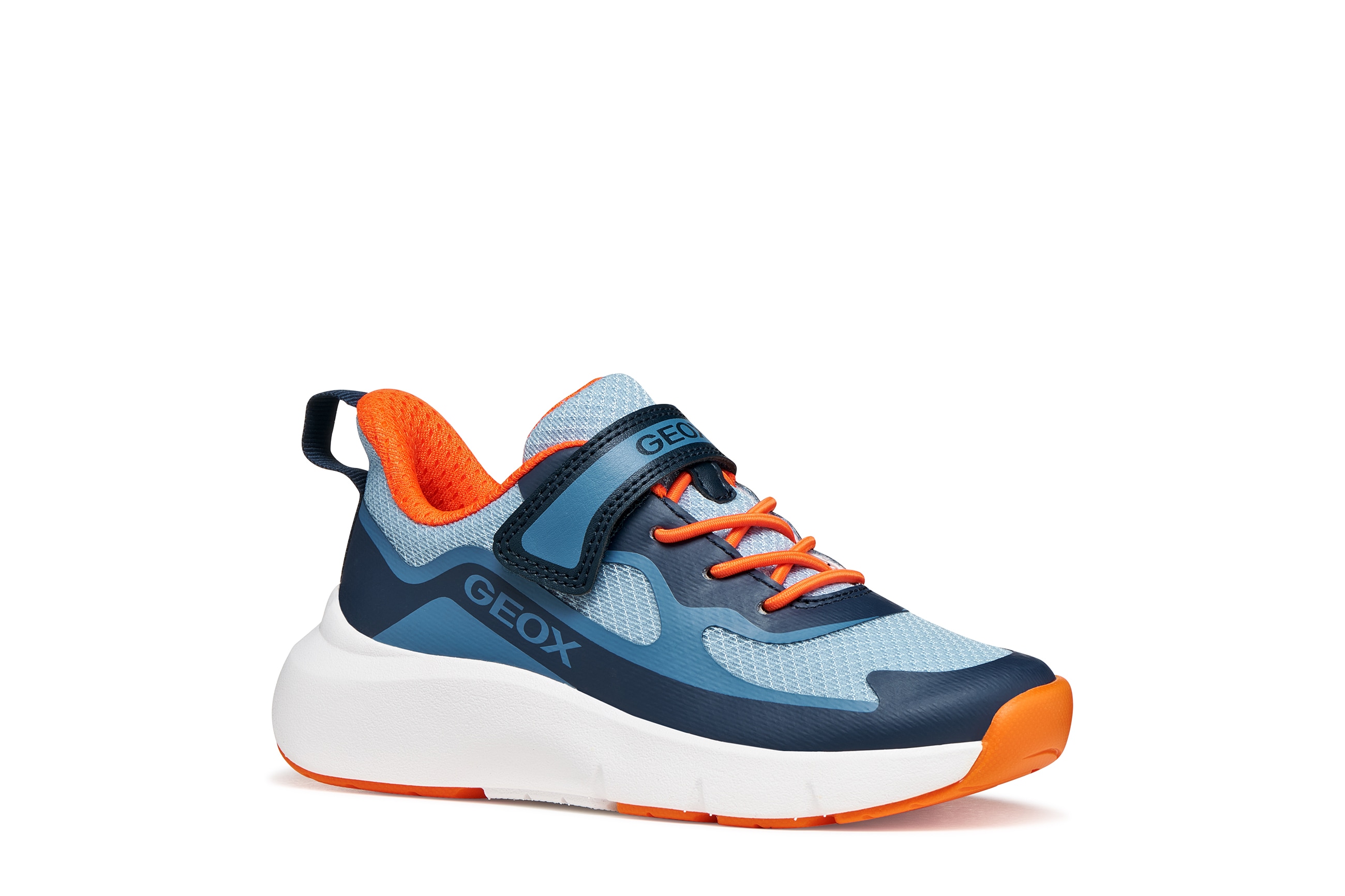 Sneaker GEOX "J PRO-RAN BOY", Damen, Gr. 31, navy, orange, Lederimitat, Textil, Schuhe Sneaker, Slipper mit elastischen Schnürsenkeln, Größenschablone zum Download