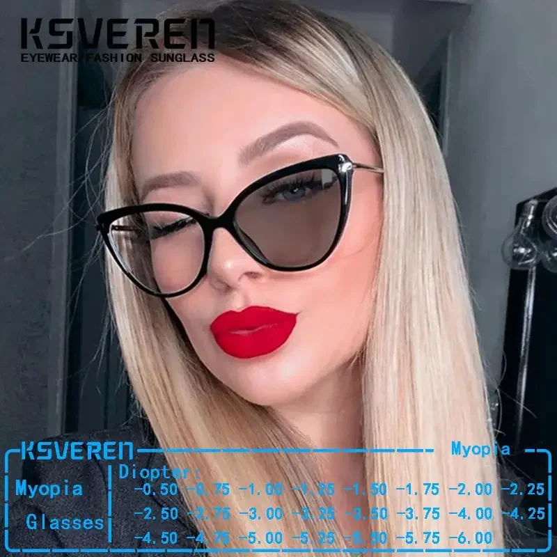 KSVEREN Cat Eye Photochrome Myopiebrille Damen TR90 Rahmen verschreibungspflichtige Kurzsichtigkeitsbrille -0,5 -1,0 -1,25 -4,0 -5,5 -6,0 Image