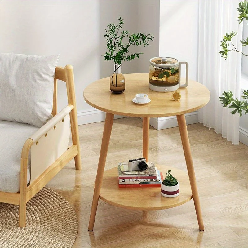 Nordischer 2-stöckiger Beistelltisch, runder Couchtisch aus Holz – 3 Beine, Log-Farbstil, ideal für Wohnzimmer, Schlafzimmer und Balkon