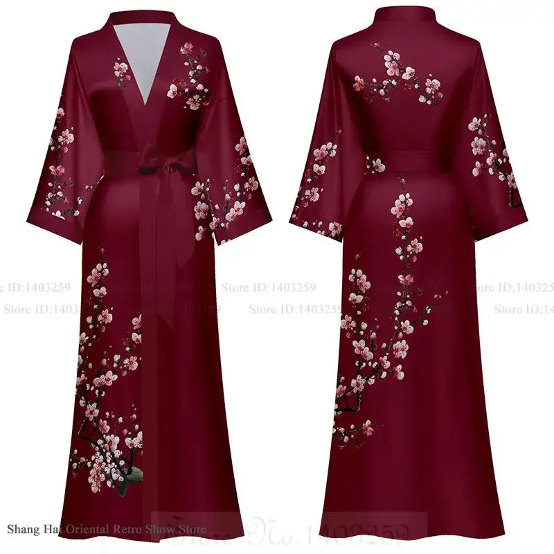 Frühling Sommer Nachtwäsche Lange Robe Plus Größe Weibliche Nachthemd Druck Blume Kimono Bademantel Kleid Hause Kleid Lose Satin Loungewear Image