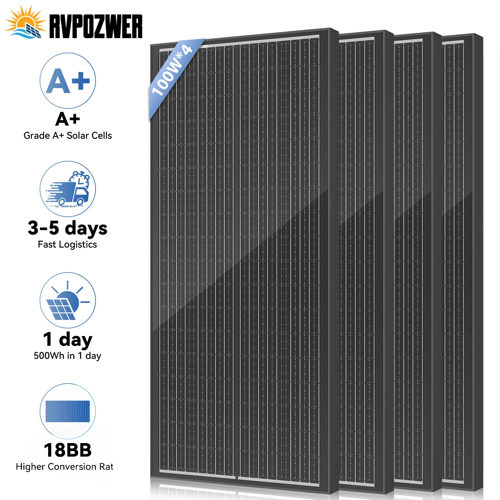 RVPOZWER 12,8 V 100 W starres Solarpanel 18BB N-Typ-Solarzellen, monokristallines Silizium, wasserdichtes Solarpanel, Camping/Zuhause/Wohnmobil Image