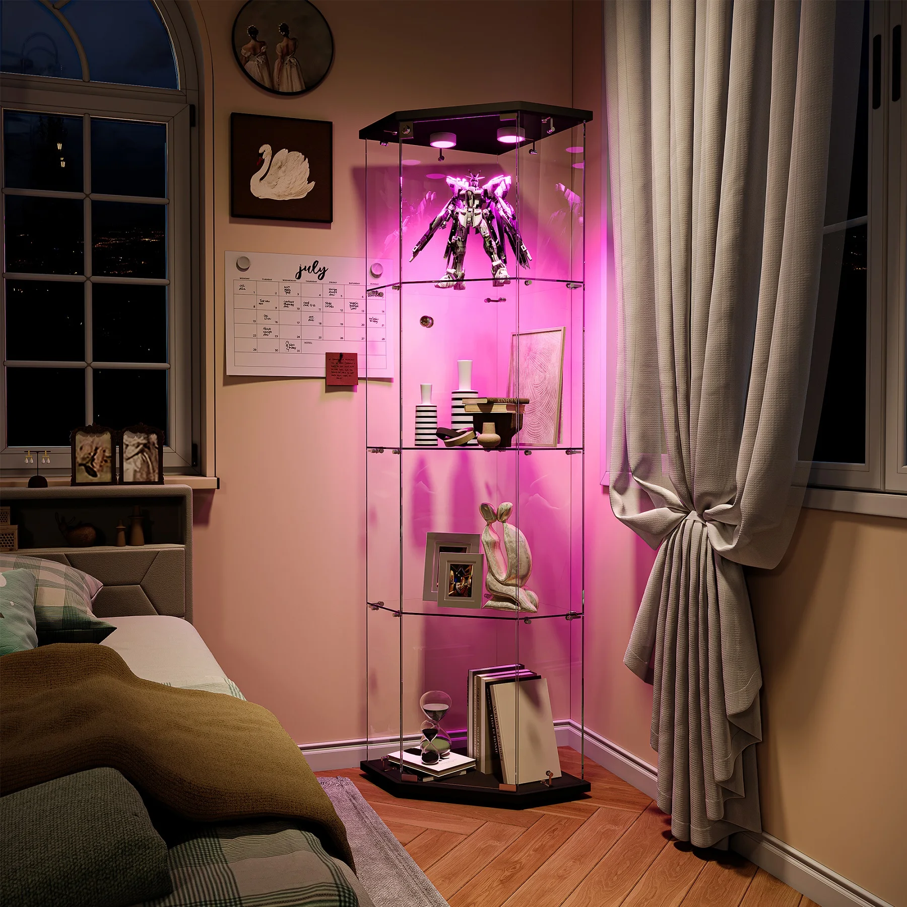 Rosahqnda LED-Eckvitrine mit 4 Ebenen und Glastüren, 162 cm großes Bücherregal mit LED-Beleuchtung in 6 Farben, Vitrine Image