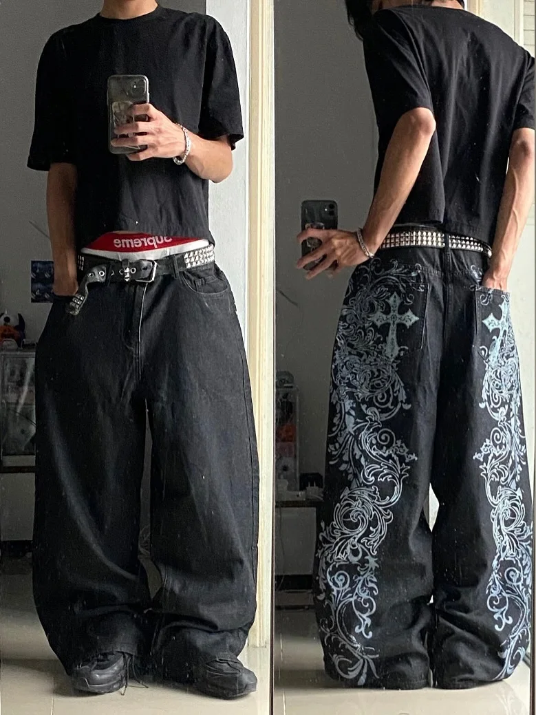 Y2K Gothic-Print Schwarze Baggy-Jeans Harajuku-Trend Herren und Damen Hip-Hop-Mode Lässige Joker-Paar-Hose mit Weitem Bein Streetwear