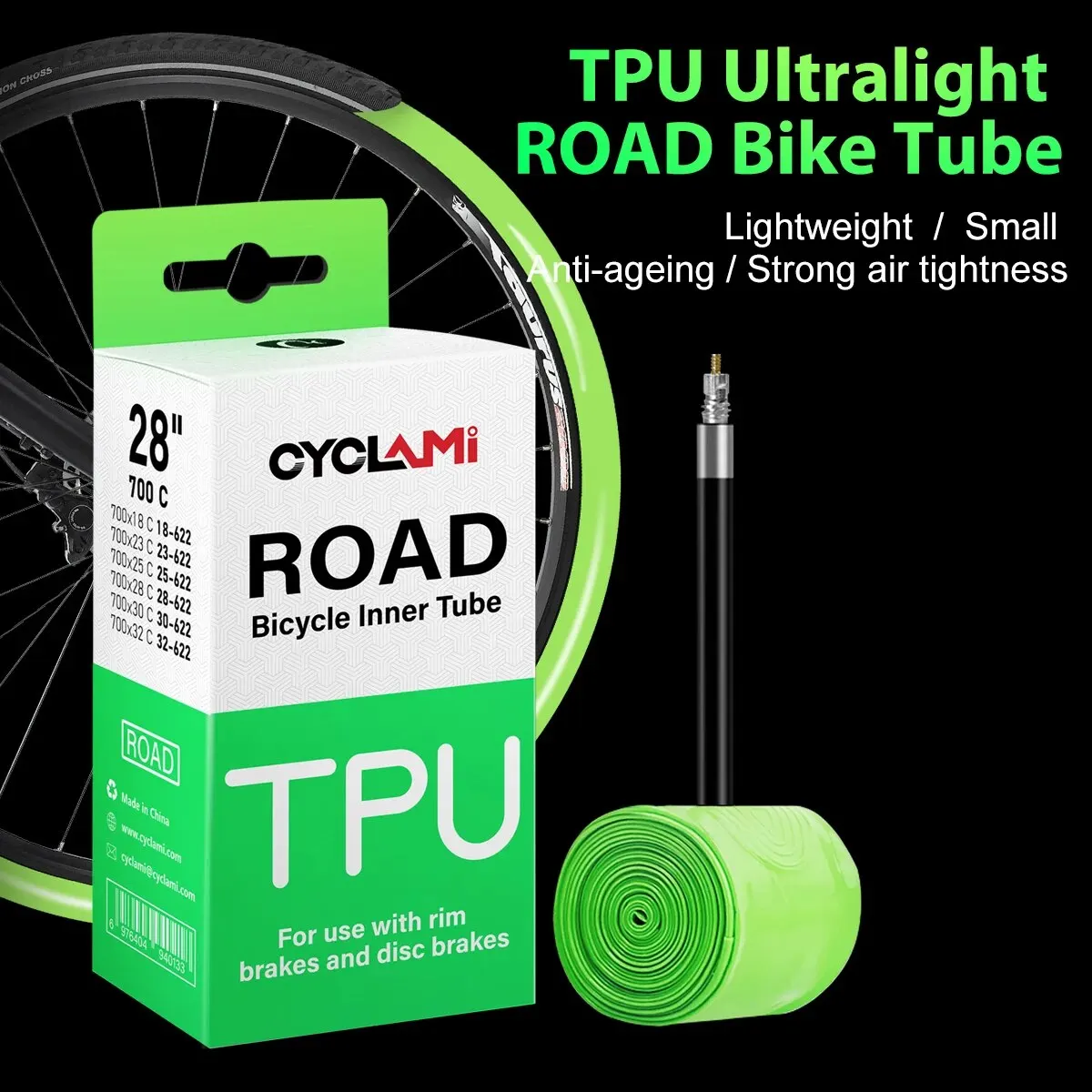 CYCLAMI Ultraleichter 30g Fahrradschlauch aus TPU-Material 700C 18-32 Rennradreifen 45mm 65mm 85mm Länge Französisches Ventil Image