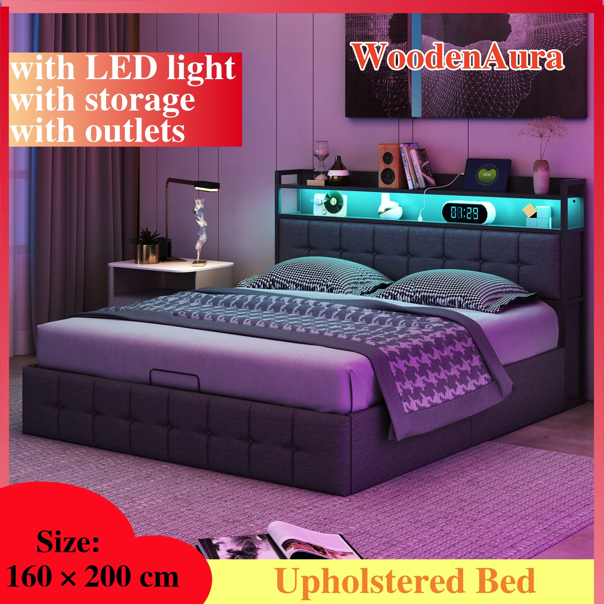 WOODENAURA 160 x 200 cm großes Bett mit Stauraum, LED-Streifenbeleuchtung und Steckdose, Lattenrost, Leinenstoff, Grau Image