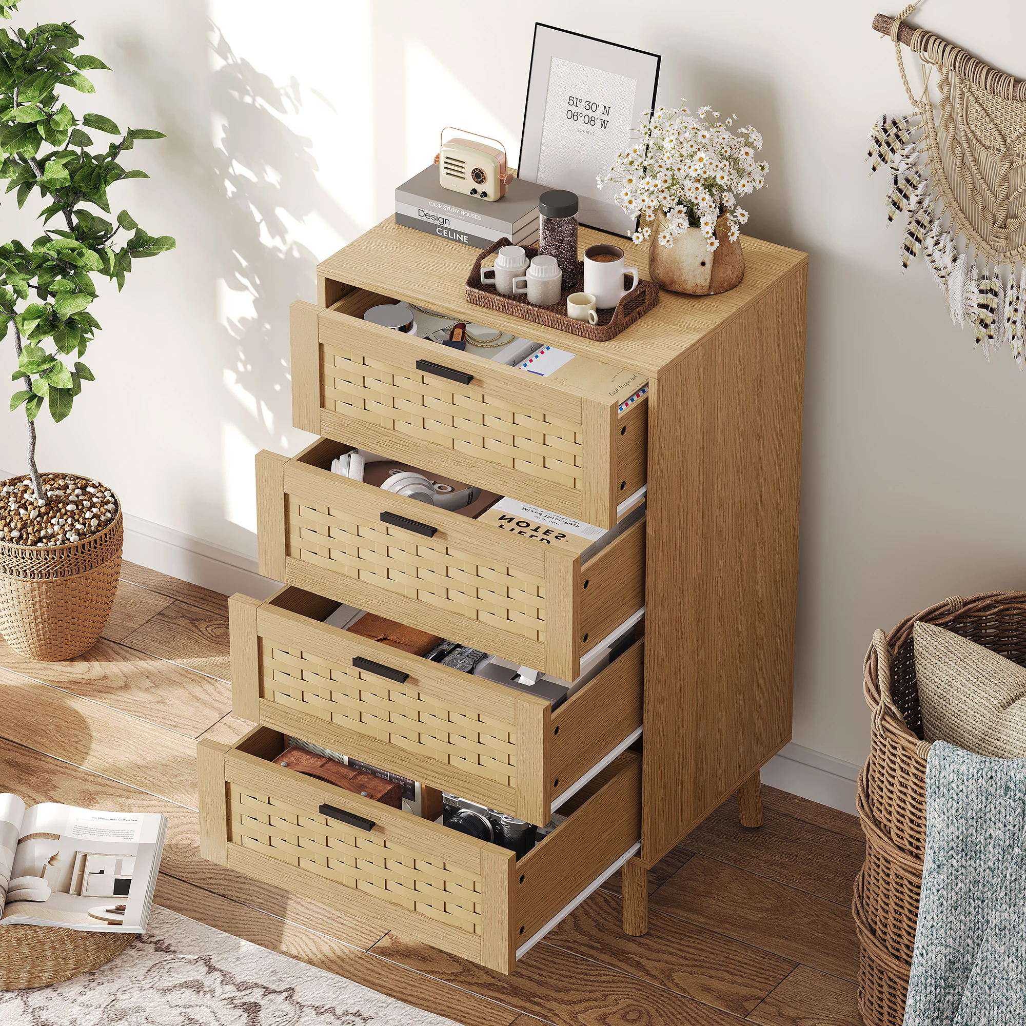 Anajqaqia Kommode mit 4 Schubladen, Bambusgeflecht, Sideboard, mit stabilen Griffen und Füßen, für Schlafzimmer, Wohnzimmer, Holzfarbe Image