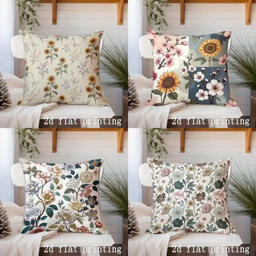 Kissenbezug mit Sonnenblumen- und Wildblumenmuster, Kissenbezug mit Blumenmuster, geeignet für Sofa, Schlafzimmer, Auto, Kissenbezug Image