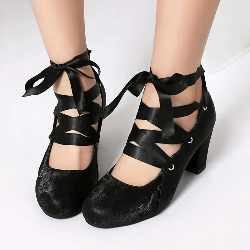 2025 mode Weibliche Pumpen Runde Kappe Block Heels 7,5 cm Spitze Up Plus Größe 45 46 47 Mary Janes Frauen dating Schuhe