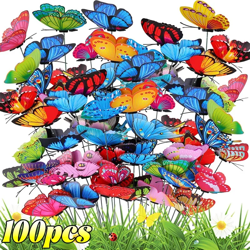100/10 Stück realistische Schmetterlingspfähle, bunter künstlicher Schmetterlingspfahl mit Stäbchen für Outdoor, Garten, Hof, Blumentöpfe, Dekoration Image