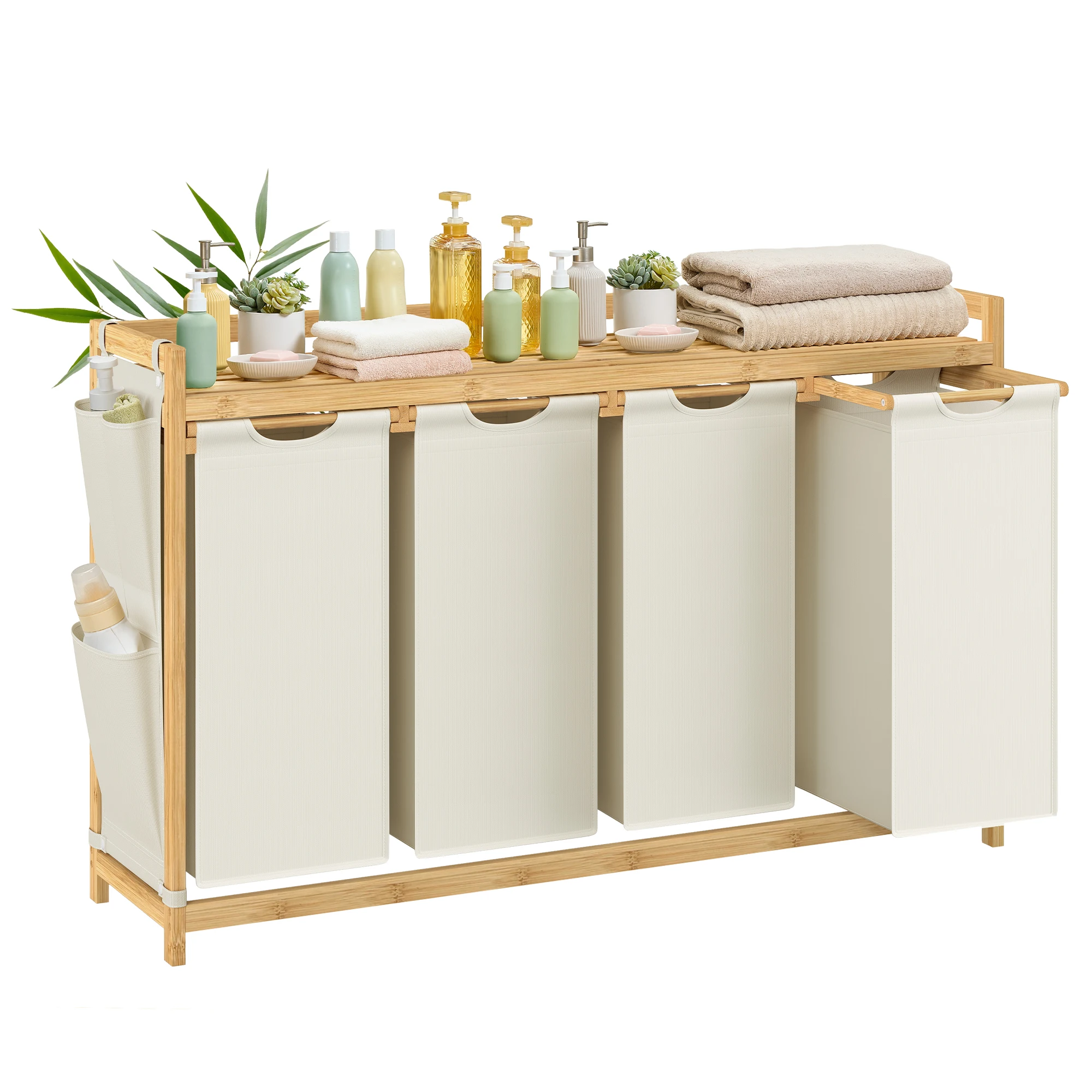 SONGMICS Wäschekorb 4 Fächer, Bambus, Wäschesammler 200 L, Wäschesortierer, mit Ablage, kleine seitliche Taschen, 4 x 50 L, weiß