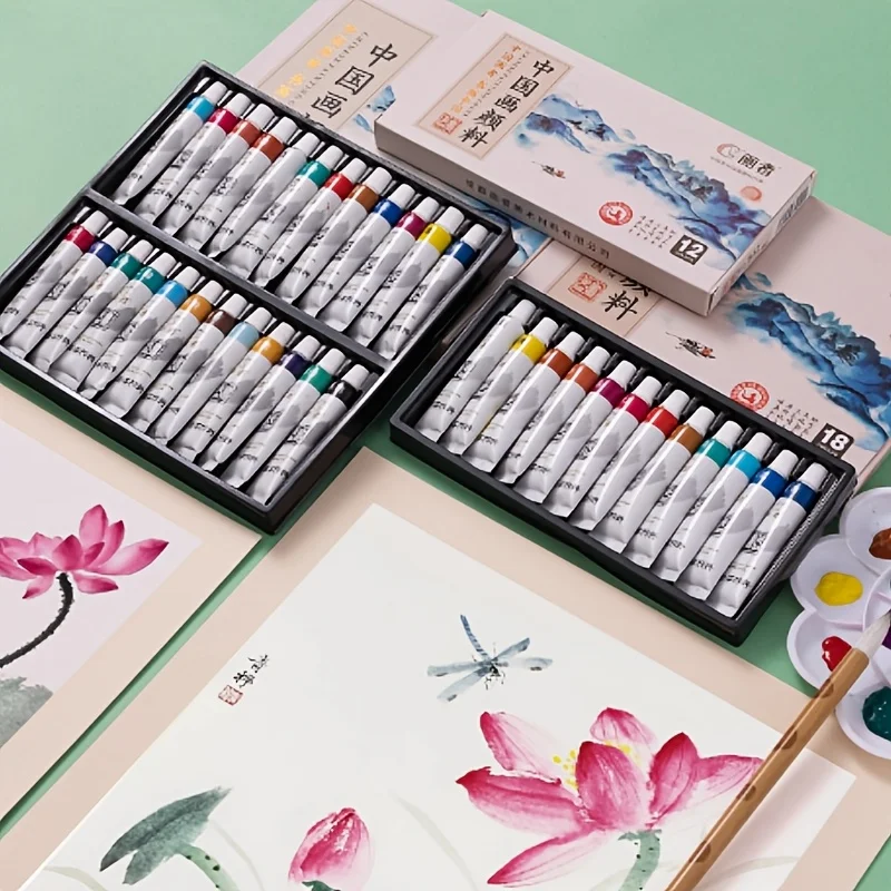Chinesisches Malpigment, 7/12 Farben, 6 ml/0,2 oz, mit 1 Pinsel und 1 Palette, geeignet für Studenten zum Malen von Landschaftsgemälden Image