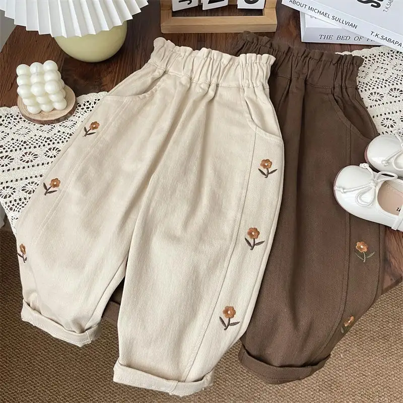 Frühling Herbst Kleinkind Mädchen Casual Hosen Blume Stickerei Solide Baumwolle Baby Mädchen Harem Hosen Kinder Mädchen Hosen Image