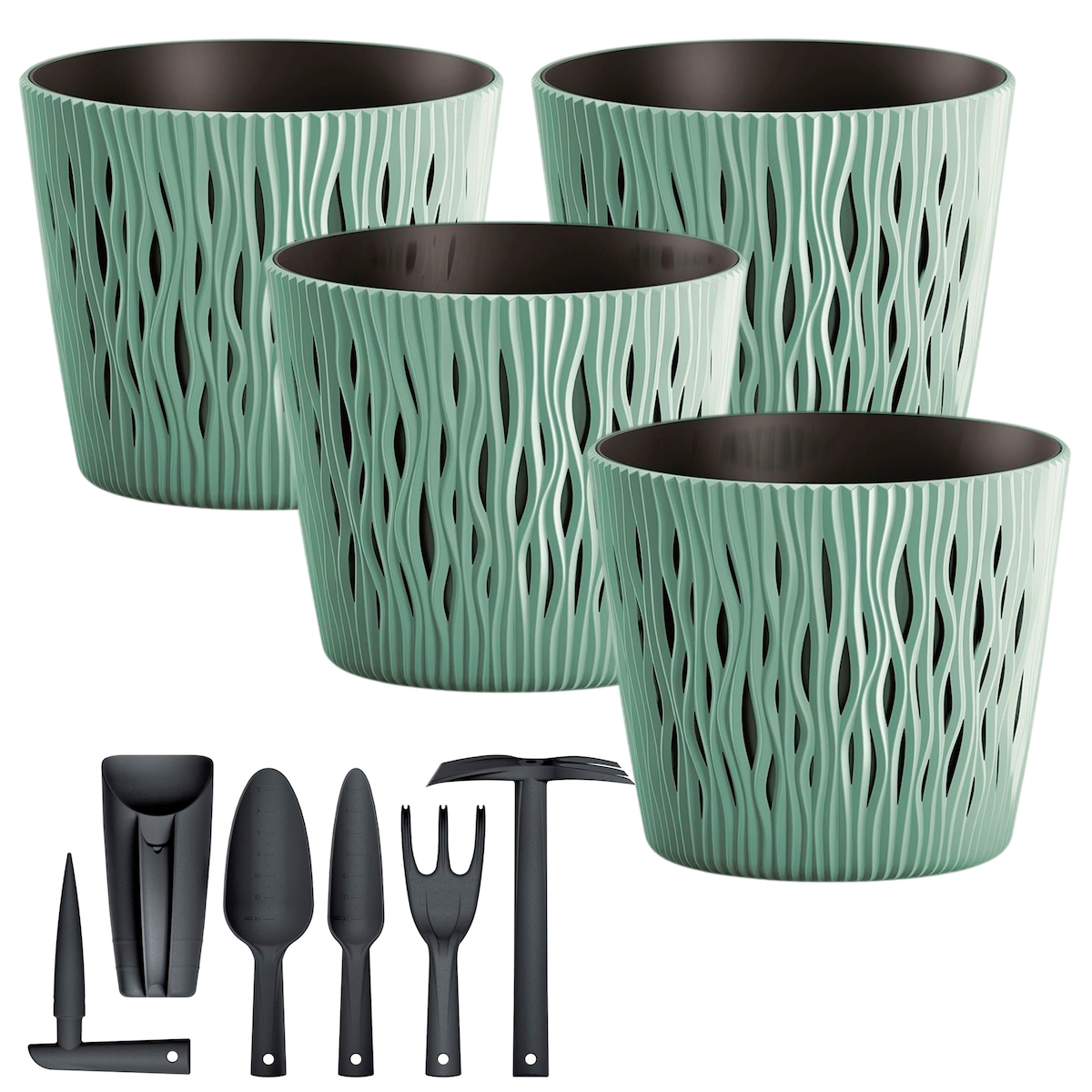 Prosperplast - Set aus 4 runden Blumentöpfen 1,7 L aus Kunststoff in Salbei, 15,8x15,8x13,8 cm mit 6-teiligem Gartengeräte-Set Sandy Image