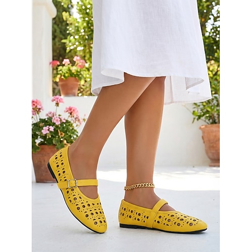 Weiße, lasergeschnittene Mary-Jane-Ballerinas für Damen – atmungsaktive, hohle Ballerinas mit Schnallenriemen für Outdoor-Resorts und tropische Urlaube Sommerreisen Image