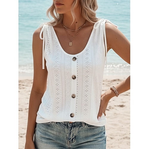 Damen Tank Top Elegante Oberteile T-Shirt Lochmuster Einfarbig Hawaiianisch Lässig Strand Ärmellos Rundhalsausschnitt Normale Oberteile Täglich Strandbekleidung Urlaubskleidung Schwarz Weiß Rosa Wein Image