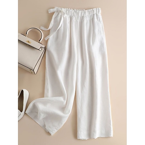 Damen Kunstbaumwollleinen Weites Bein Chinos Urlaub Mode Basic Volle Länge Hohe Taille Einfach Elastischer Bund Bequem Weich Dehnbar Outdoor Straße Armee-Grün Weiß Grün Khaki Sommer Frühling Herbst Image