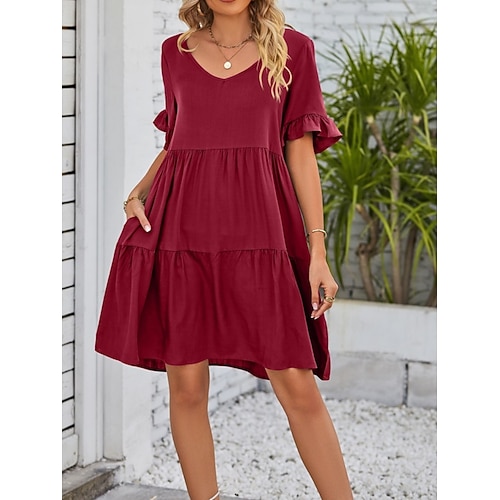 Damen Minikleid Freizeitkleid Baumwoll-Kleid Sommerkleid Elegant Mode Modern Outdoor Urlaub Ausgehen Lässiger Schnitt Einfach Kurzarm V Ausschnitt Schwarz Weiß Armeegrün Burgunderrot Sommer Frühling Image