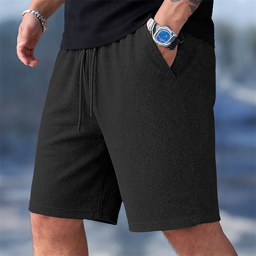 Herren Shorts Freizeitshorts Jacquard Strukturiert Einfach Komfort Atmungsaktiv Knielang Lässig Outdoor Strand Urlaub Mode Schwarz Wein Mikroelastisch Image