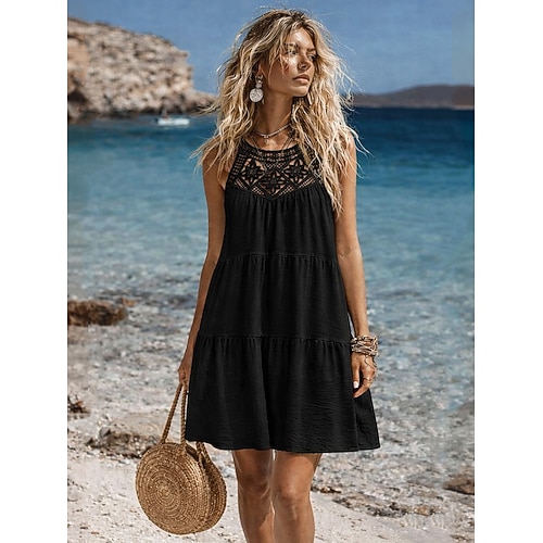 Damen Minikleid Sommerkleid A Linie Kleid Urlaub Lässig Täglich Strand Lässiger Schnitt Einfach Ärmellos Neckholder Blau Marineblau Schwarz Weiß Sommer Image