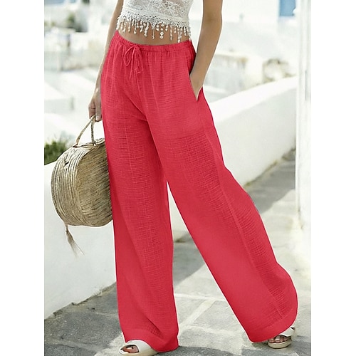 Damen 100% Baumwolle Hosen Hose Lässig Volle Länge Natürliche Taille Elastischer Bund Elastisches Kordelzugdesign Unelastisch Milchweiß Karminrot Dunkelgrün Hautfarbe Frühling Herbst Image