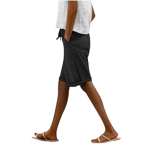 Damen Kunstbaumwollleinen Chinos Shorts Sommershorts Urlaub Mode Streetwear Knielang Hohe Taille Einfach Tasche Elastischer Bund Bequem Komfort Weich Dehnbar Outdoor Straße Marinenblau Schwarz Rosa Image