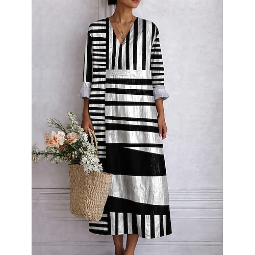 Damen Midi Kleid V-Ausschnitt Langarm Kaftan Leicht Lockerer Schnitt A-Linien Kleid Lässig Boho Ausgehen Grafisch Geometrisch Streifen Langarm V-Ausschnitt Orange Rot Schwarz Gelb Pink Image