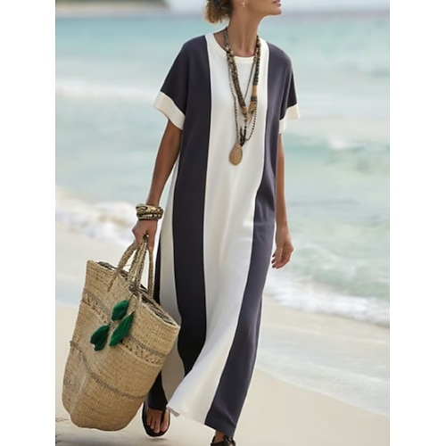 Damen Maxikleid Freizeitkleid T-Shirt-Kleid Elegant Mode Modern Outdoor Strand Urlaub Normale Passform Gestreift Kurzarm Rundhalsausschnitt Blau Schwarz Purpur Braun Sommer Frühling Image