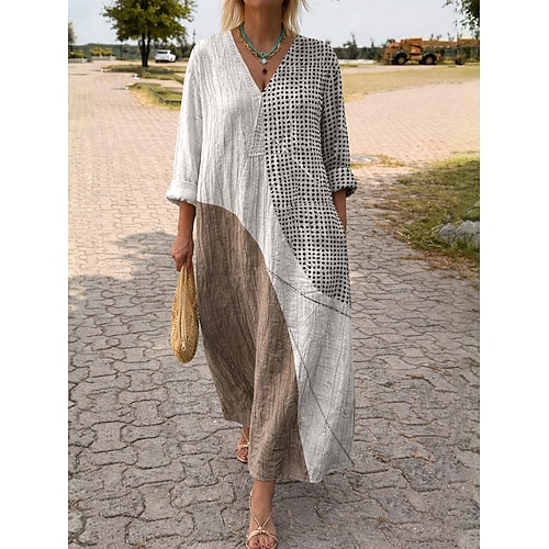 Womens Midi Kleid V-Ausschnitt Lange Ärmeln Kaftan Leicht Loose Fit A-Linie Kleid Lässig Boho Ausgehen Loose Fit Grafik Geometrisch Streifen Lange Ärmeln V-Ausschnitt Asche Schwarz Gelb Blau Image
