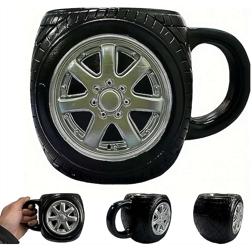 Kaffeebecher in Reifenform, cooler 3D-Reifenbecher für Kaffee und Tee, 300 ml Edelstahlbecher mit Innenbeschichtung, geformtes Raddesign, Trinkbecher mit Reifenmotiv, einzigartiges Geschenk für Image