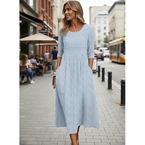Damen Midikleid Freizeitkleid A Linie Kleid Elegant Stilvoll Lässig Urlaub Täglich Lässiger Schnitt Gestreift Kurzarm Rundhalsausschnitt Grau Leicht Blau Sommer Frühling Image