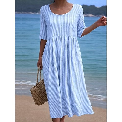 Damen Midikleid Freizeitkleid A Linie Kleid Elegant Stilvoll Lässig Täglich Urlaub Lässiger Schnitt Gestreift Kurzarm Rundhalsausschnitt Grau Leicht Blau Sommer Frühling Image