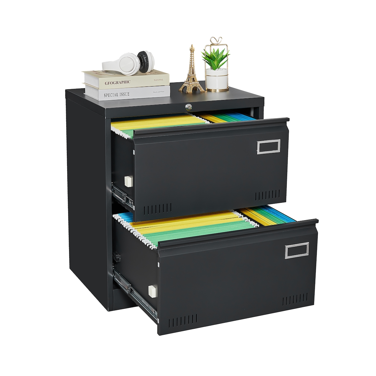 MODFU Metall Aktenschrank mit Schloss Schwarz 72x60x45 cm mit 2 breiten Schubladen, leichtgängigem Auszug, hoher Sicherheit und klarem Design Image