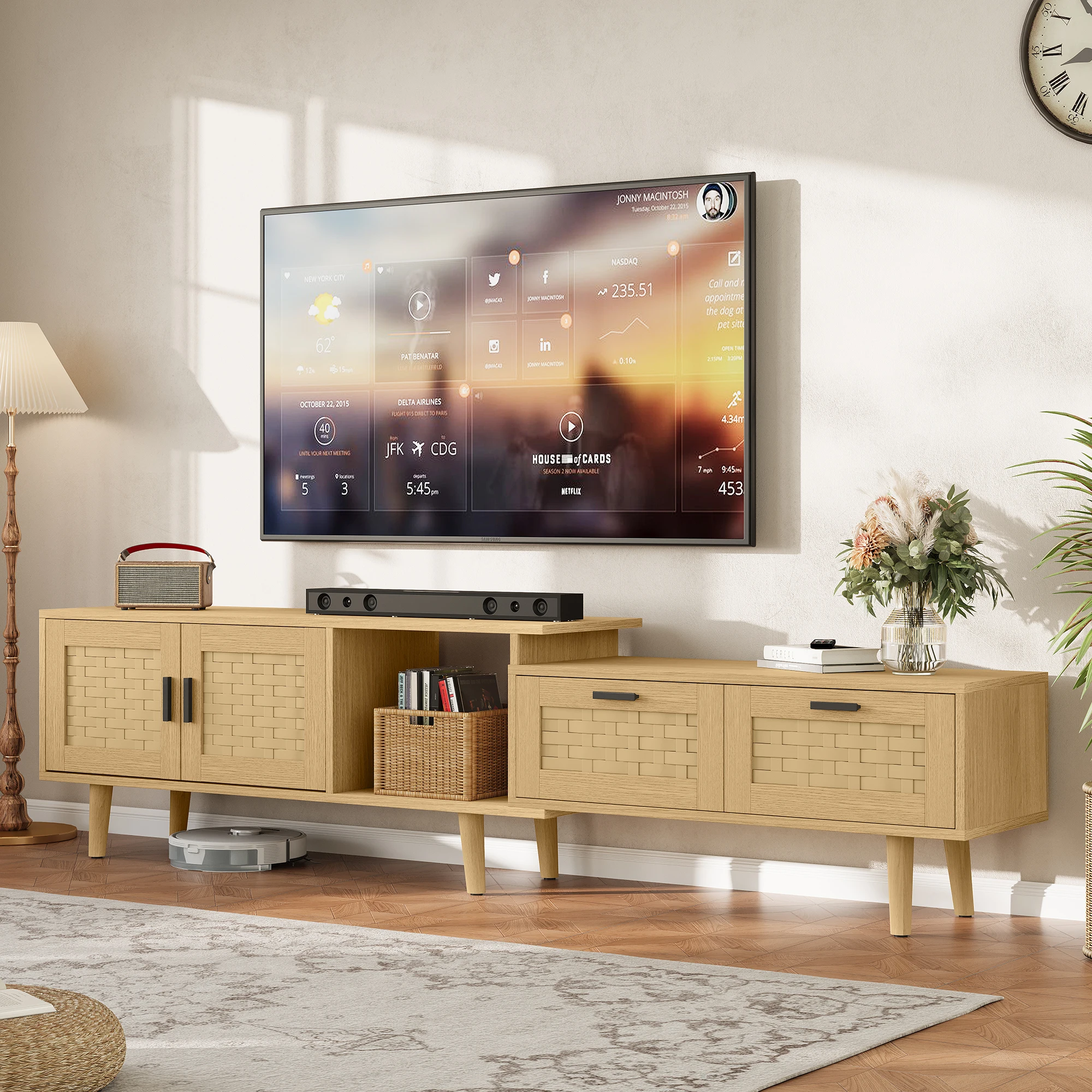 Meuble TV extensible Superaly 146-180x30x44cm avec façade en rotin, meuble TV bas avec 2 portes et 2 tiroirs, meuble TV pour salon