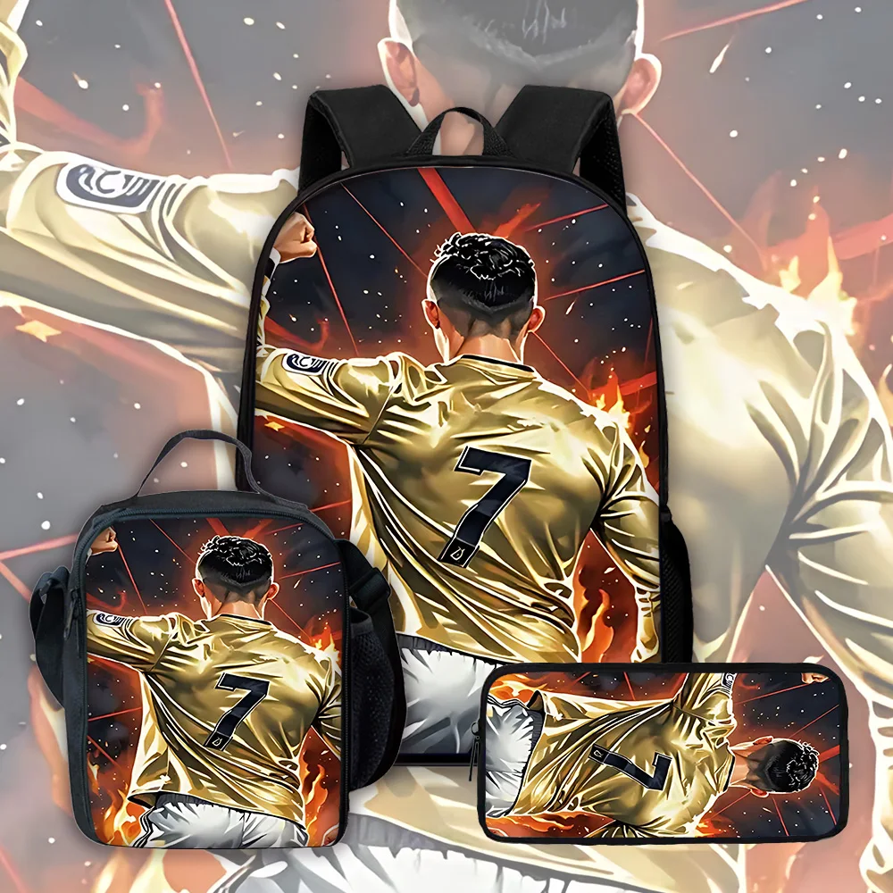 Sac à dos d'école pour enfant Football Star avec sacs à déjeuner, trousses à crayons, sacs d'école C-CR7 pour garçons R-Ronaldos filles meilleur cadeau