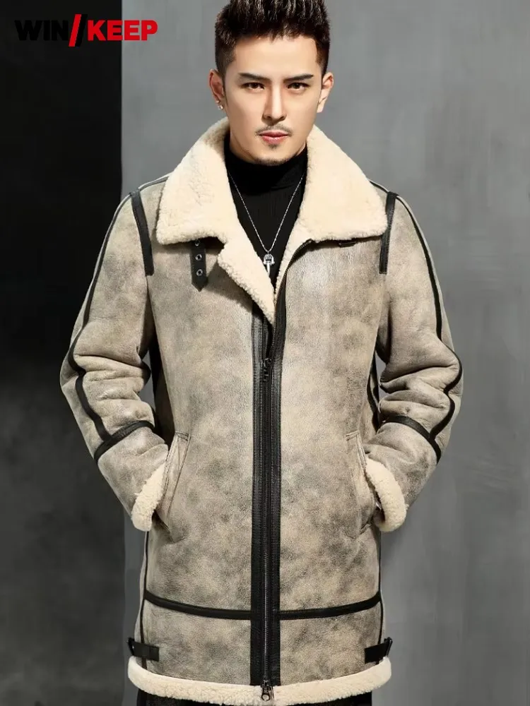 Cappotto originale in shearling naturale da uomo invernale lungo caldo vera pelliccia fodera in lana soprabito giacca in vera pelle spessa stile militare